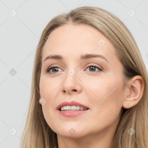 Joyful white young-adult female with long  brown hair and grey eyes