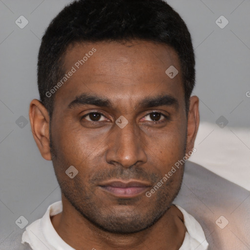Neutral black young-adult male with short  brown hair and brown eyes