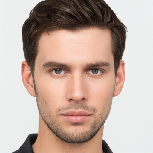 Neutral white young-adult male with short  brown hair and brown eyes