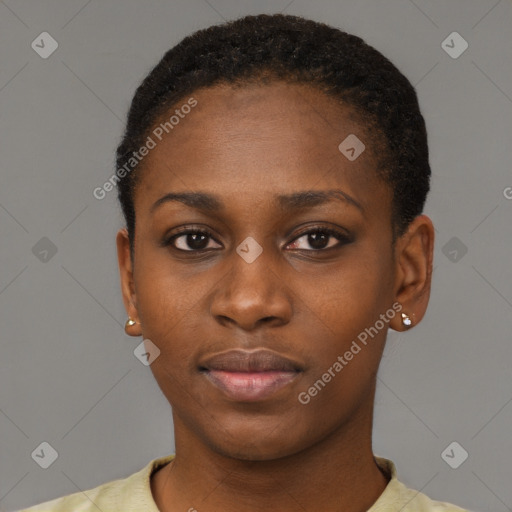 Neutral black young-adult female with short  black hair and brown eyes