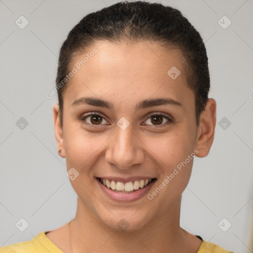 Joyful white young-adult female with short  brown hair and brown eyes