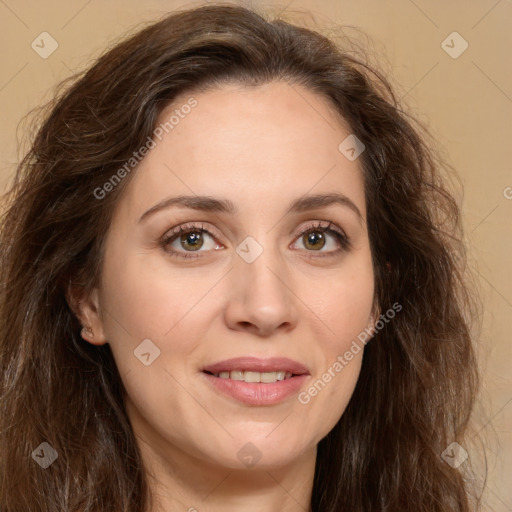 Joyful white young-adult female with long  brown hair and green eyes