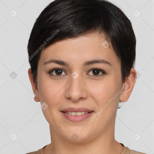 Joyful white young-adult female with short  brown hair and brown eyes