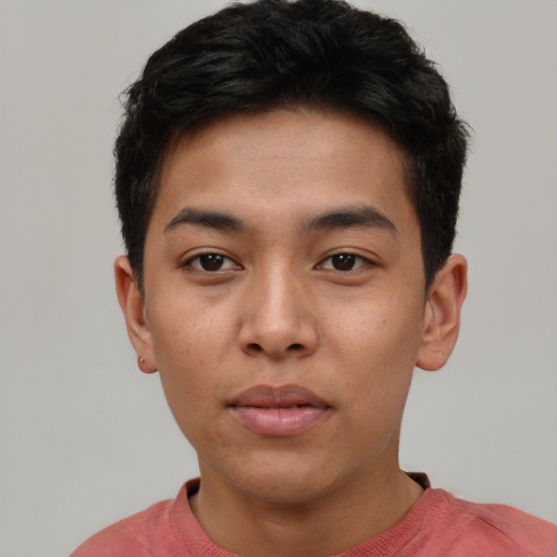 Neutral asian young-adult male with short  black hair and brown eyes