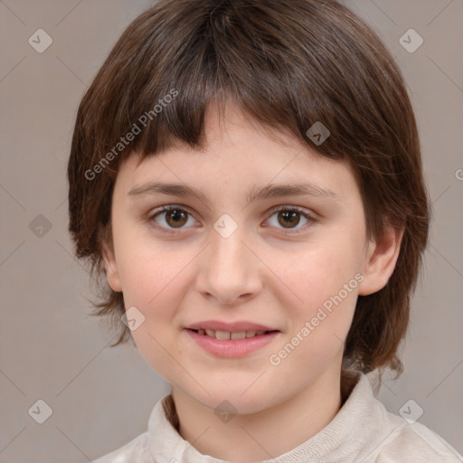 Joyful white child female with medium  brown hair and brown eyes