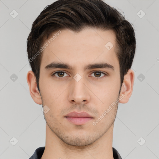 Neutral white young-adult male with short  brown hair and brown eyes