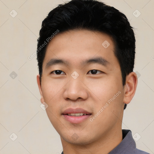 Neutral asian young-adult male with short  black hair and brown eyes