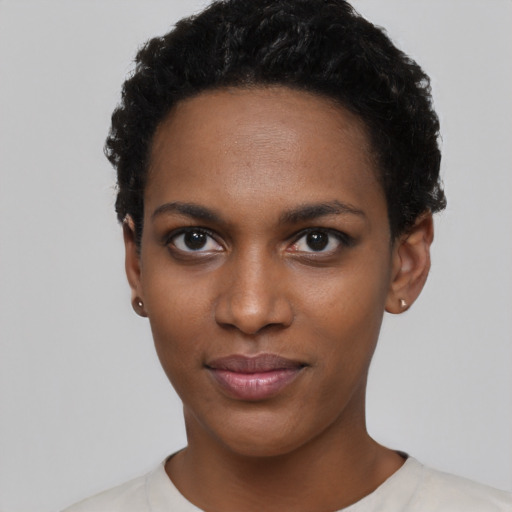 Neutral black young-adult female with short  black hair and brown eyes