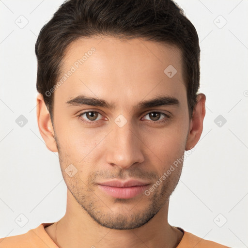 Joyful white young-adult male with short  brown hair and brown eyes