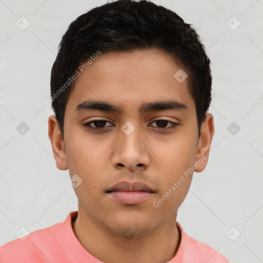 Neutral latino young-adult male with short  black hair and brown eyes