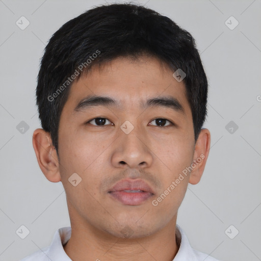 Neutral asian young-adult male with short  black hair and brown eyes