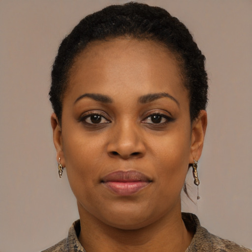 Joyful black young-adult female with short  black hair and brown eyes