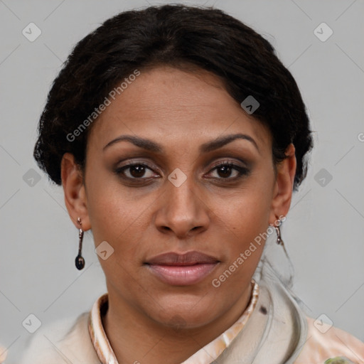 Joyful latino young-adult female with short  brown hair and brown eyes