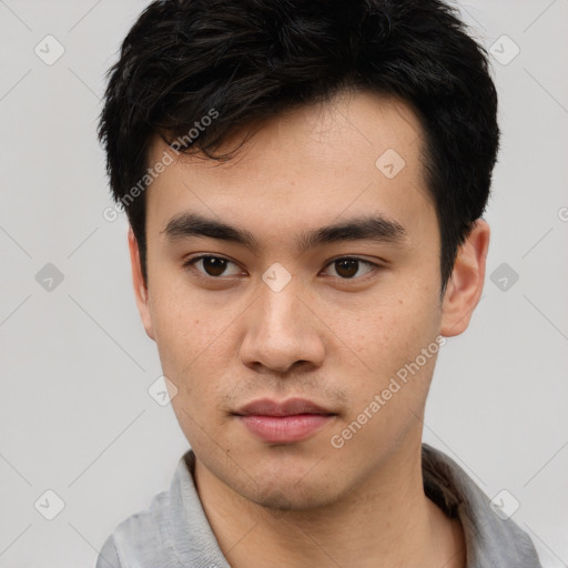Neutral asian young-adult male with short  black hair and brown eyes
