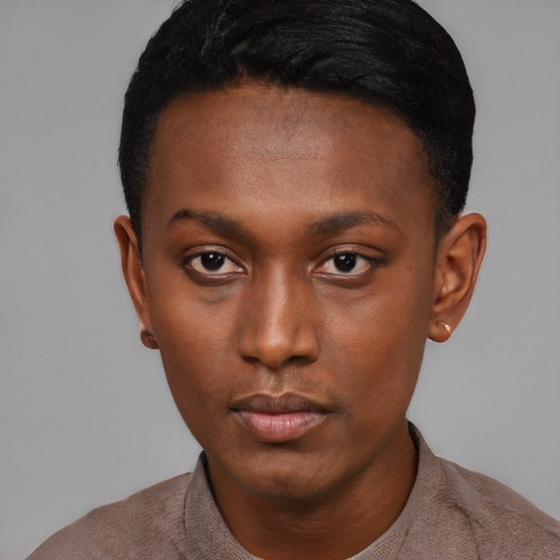 Neutral black young-adult male with short  black hair and brown eyes