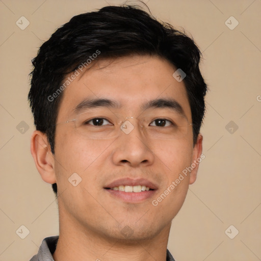 Neutral asian young-adult male with short  brown hair and brown eyes