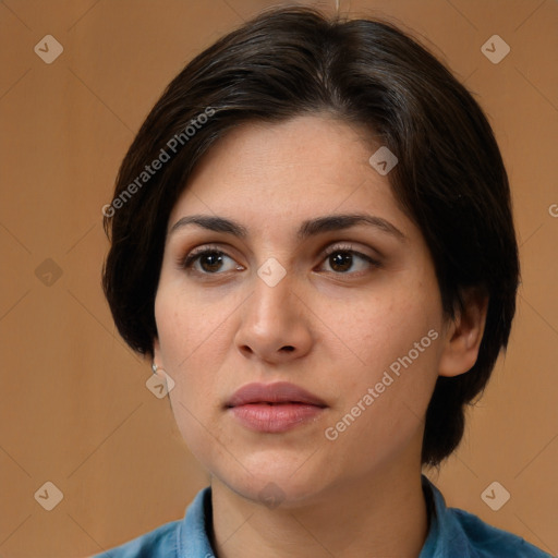 Neutral white young-adult female with medium  brown hair and brown eyes