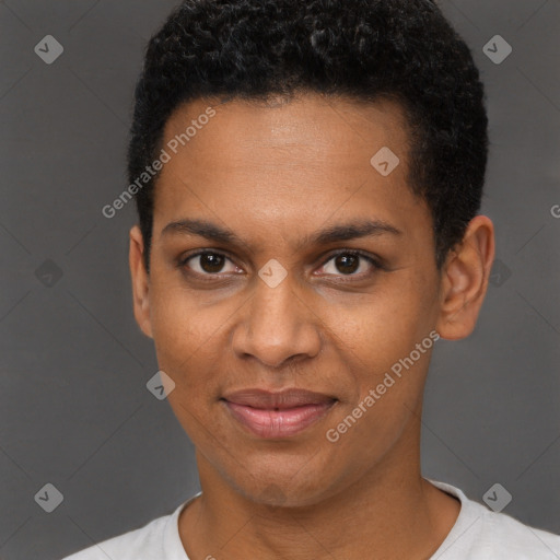 Joyful black young-adult female with short  brown hair and brown eyes