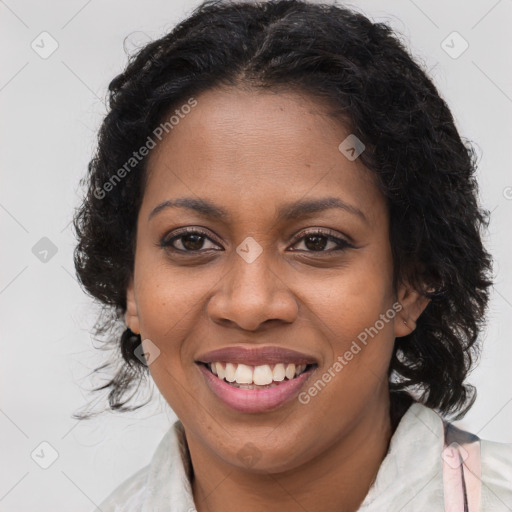 Joyful black young-adult female with long  brown hair and brown eyes