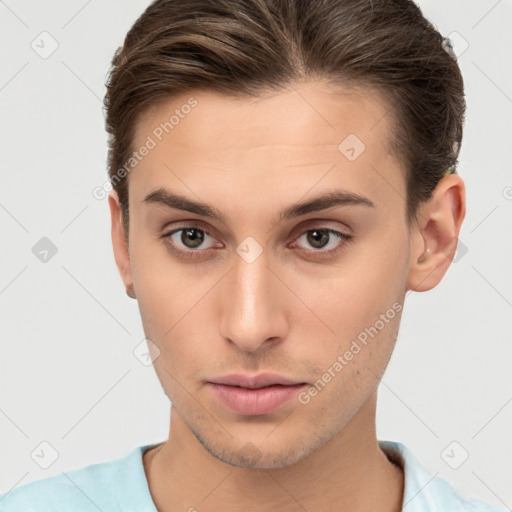 Neutral white young-adult male with short  brown hair and brown eyes