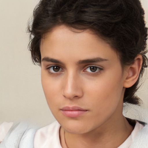 Neutral white young-adult female with short  brown hair and brown eyes