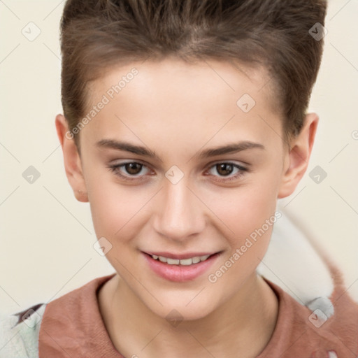 Joyful white child female with short  brown hair and brown eyes