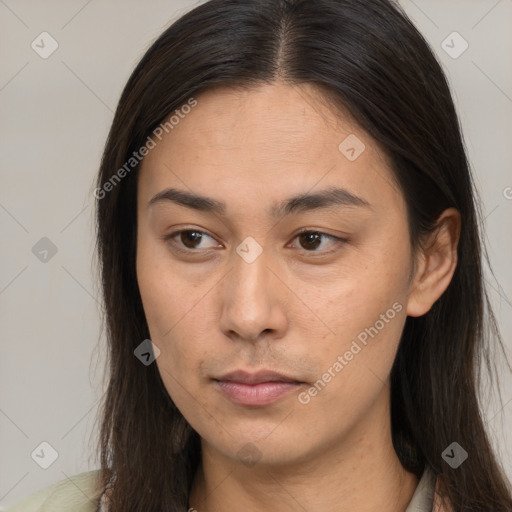 Neutral white young-adult female with long  brown hair and brown eyes