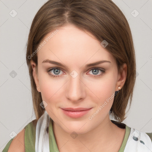 Joyful white young-adult female with medium  brown hair and green eyes