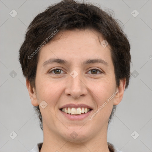 Joyful white young-adult female with short  brown hair and brown eyes