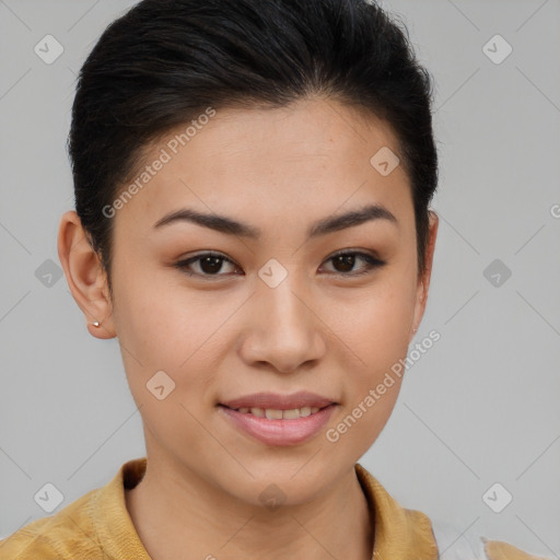 Joyful asian young-adult female with short  brown hair and brown eyes