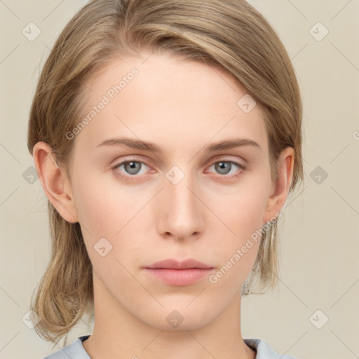 Neutral white young-adult female with medium  brown hair and grey eyes