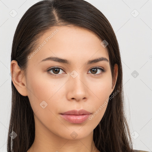 Neutral white young-adult female with long  brown hair and brown eyes