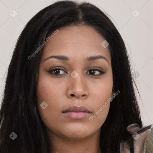 Neutral asian young-adult female with long  brown hair and brown eyes