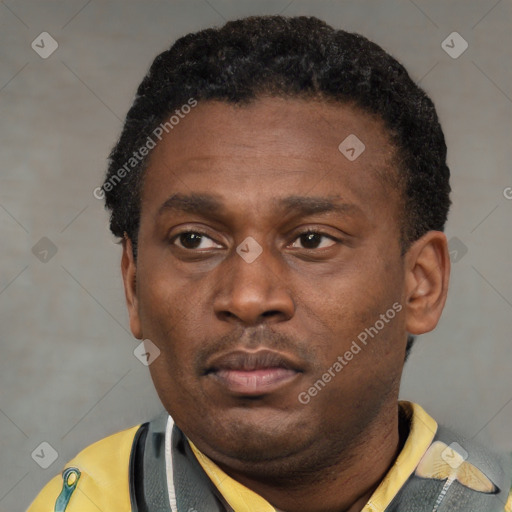 Neutral latino adult male with short  black hair and brown eyes
