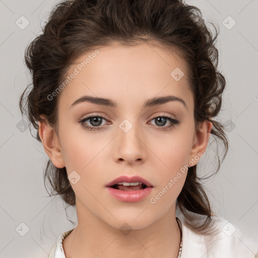 Neutral white young-adult female with medium  brown hair and brown eyes