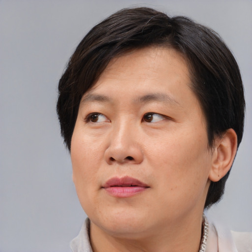 Joyful asian adult female with short  brown hair and brown eyes