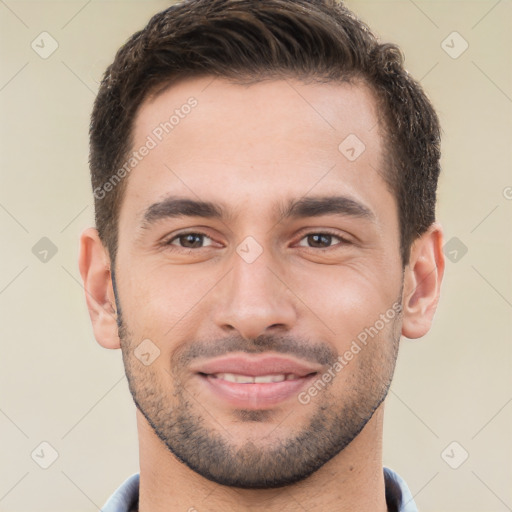 Joyful white young-adult male with short  brown hair and brown eyes