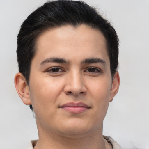 Joyful asian young-adult male with short  brown hair and brown eyes