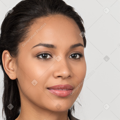 Joyful latino young-adult female with long  brown hair and brown eyes