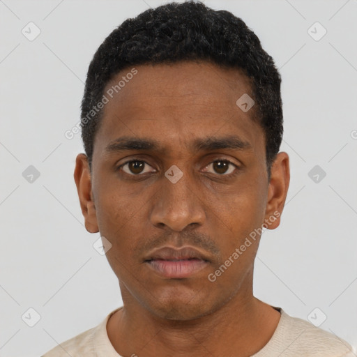 Neutral black young-adult male with short  black hair and brown eyes