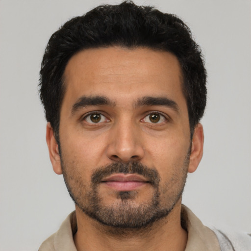 Neutral latino young-adult male with short  black hair and brown eyes