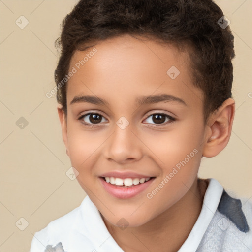 Joyful white child female with short  brown hair and brown eyes