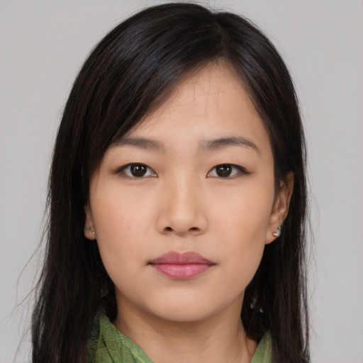 Neutral asian young-adult female with long  brown hair and brown eyes