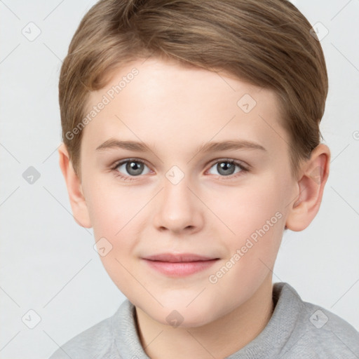 Joyful white child female with short  brown hair and grey eyes