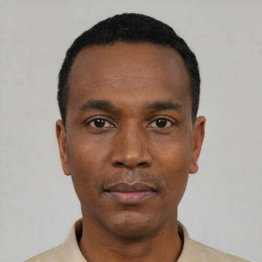 Neutral black young-adult male with short  black hair and brown eyes