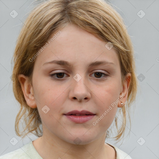 Joyful white young-adult female with medium  brown hair and blue eyes