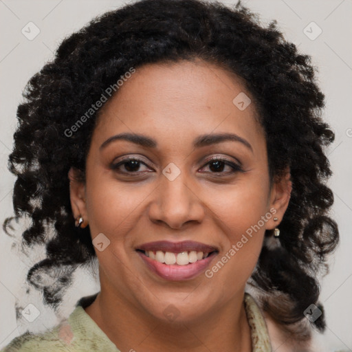 Joyful black young-adult female with medium  brown hair and brown eyes