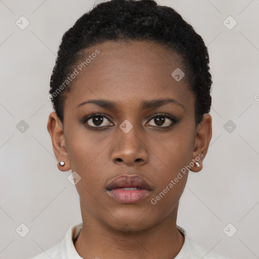 Neutral black young-adult female with short  brown hair and brown eyes