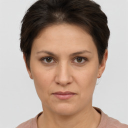 Neutral white young-adult female with short  brown hair and brown eyes