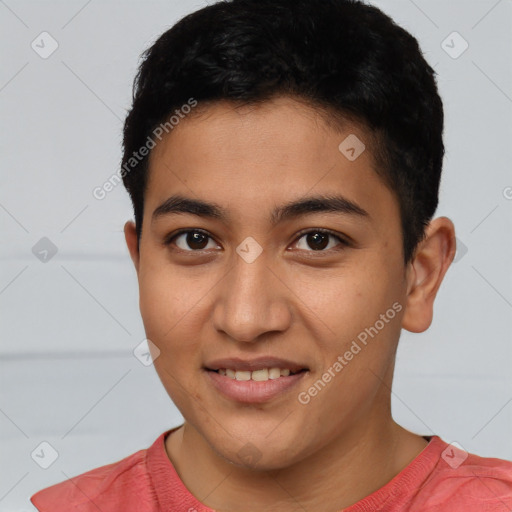 Joyful latino young-adult male with short  brown hair and brown eyes